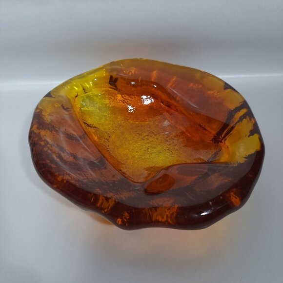 Blenko Free Form Ashtray 6.5"x 2"  Amber Art Glass Heavy Modernist Amoeba Blob - Picture 6 of 16